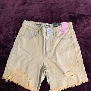 Distressed Light Green Denim Shorts